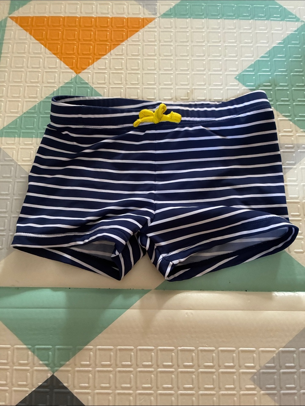 20/25$ 🧸 Navy Stripe Kids Swim Shorts with Yellow Drawstring